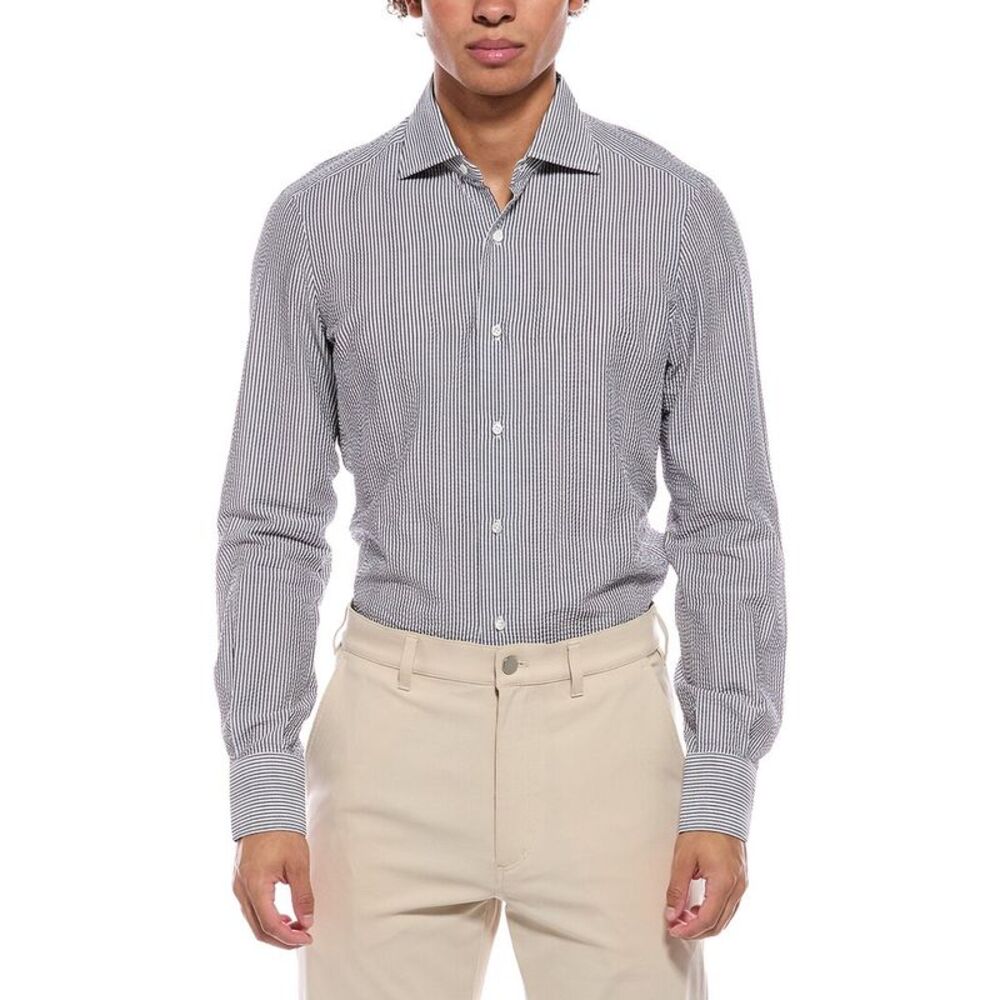 Isaia Mens  Mix Seersucker Dress Shirt, Grey